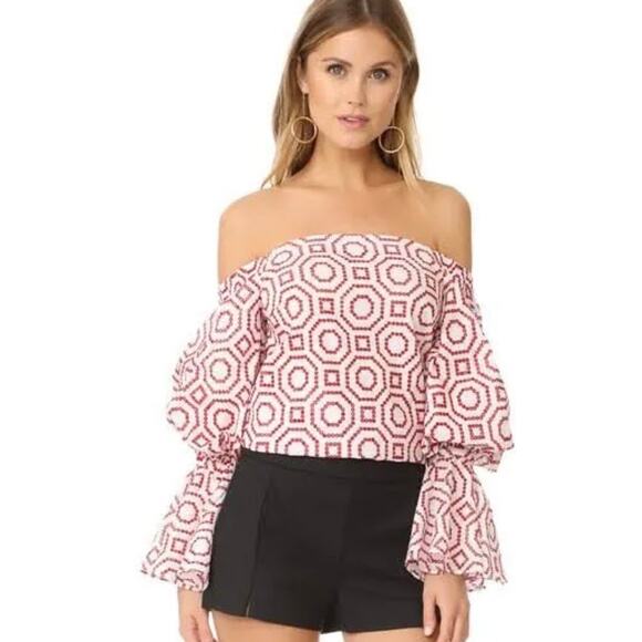Alexis Micael Red White Eyelet Embroidered Off The Shoulder Bell Sleeve Top Med - Picture 1 of 16